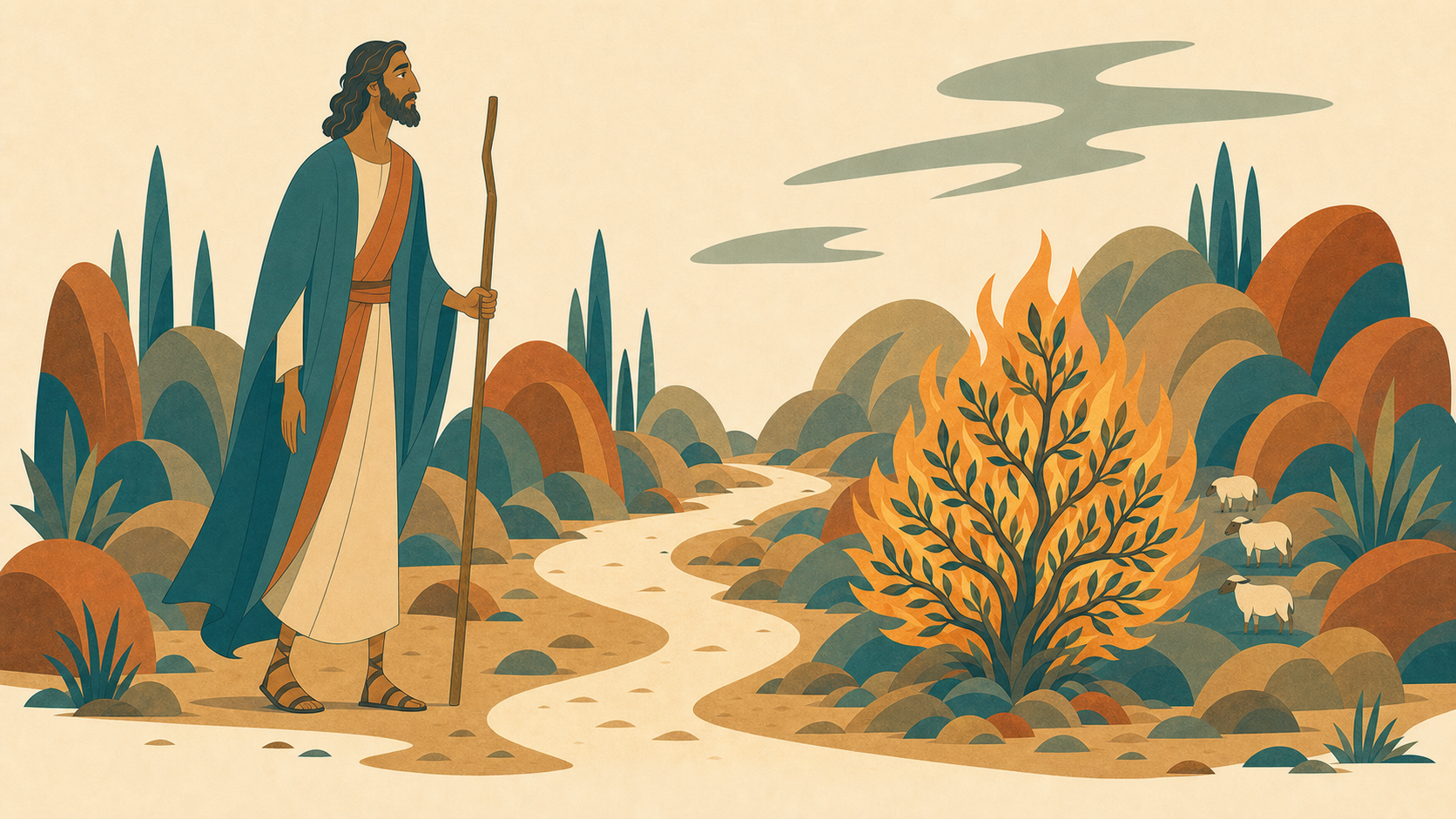 Moses notices a burning bush in a stylized desert scene